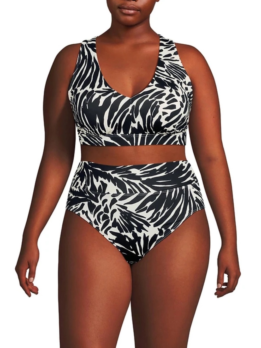 Lands' End high-waisted bikini bottoms featuring a bold black and white zebra pa